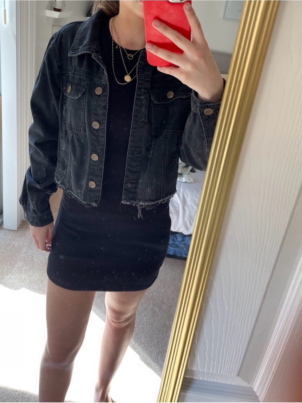 Women's Black Cropped/Distressed Black Jean Jacket